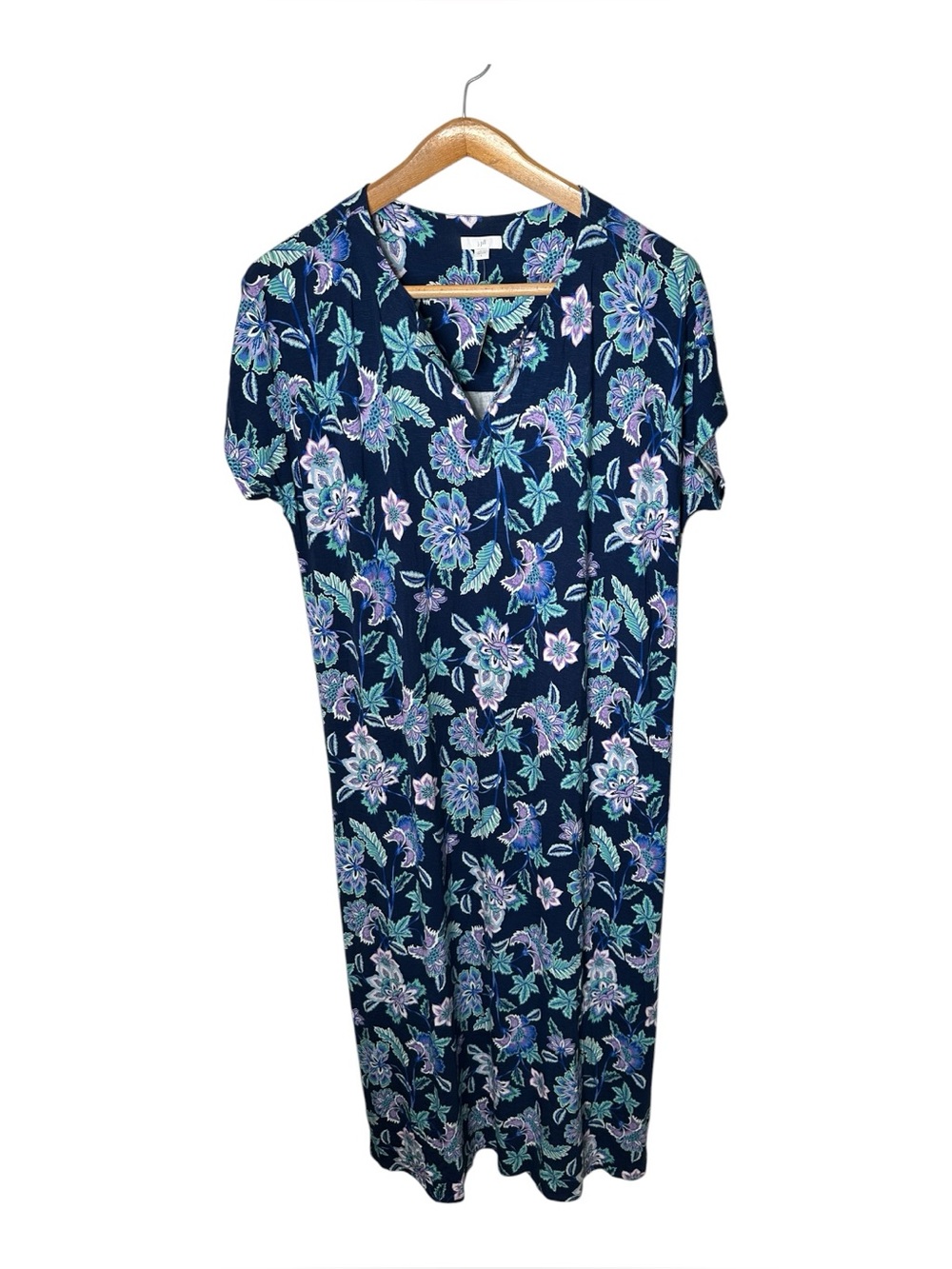 J. Jill Split Neck Maxi Dress Lenzing Ecovera Viscose Floral Size Large Blue New